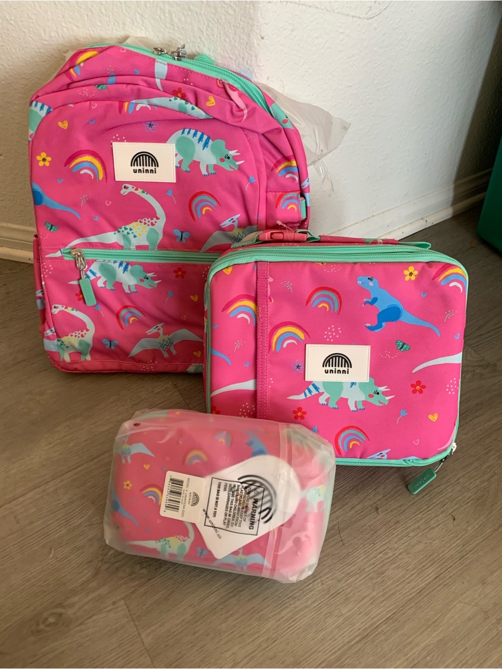 Uninni Kids Pink Dinosaur Backpack and Lunch Bag Set